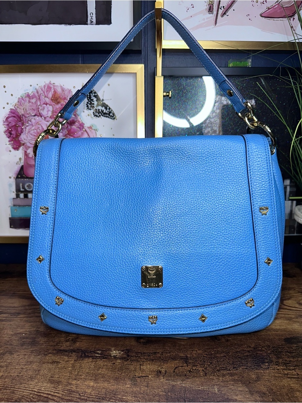 MCM Blue Pebbled Leather Studded Flap Shoulder Crossbody Bag Gold Hardwares
